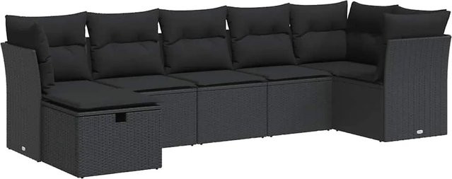 vidaXL 7-tlg. Garten-Sitzgruppe in L-Form aus Polyrattan mit Kissen in Schwarz - Bild 1