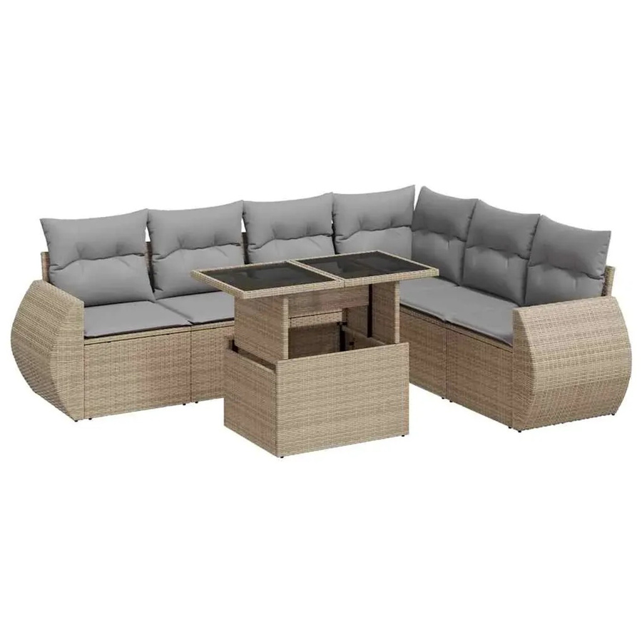 vidaXL 7-teilige Garten-Sofagarnitur in L-Form aus Poly-Rattan mit Kissen in Beige-Grau - Bild 2