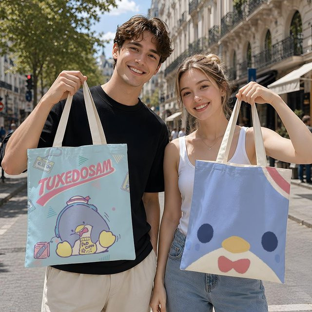 Wiederverwendbare Canvas Tragetasche mit Cartoon T-Tuxedo Motiv in Weiß für Schule und Alltag - Bild 1