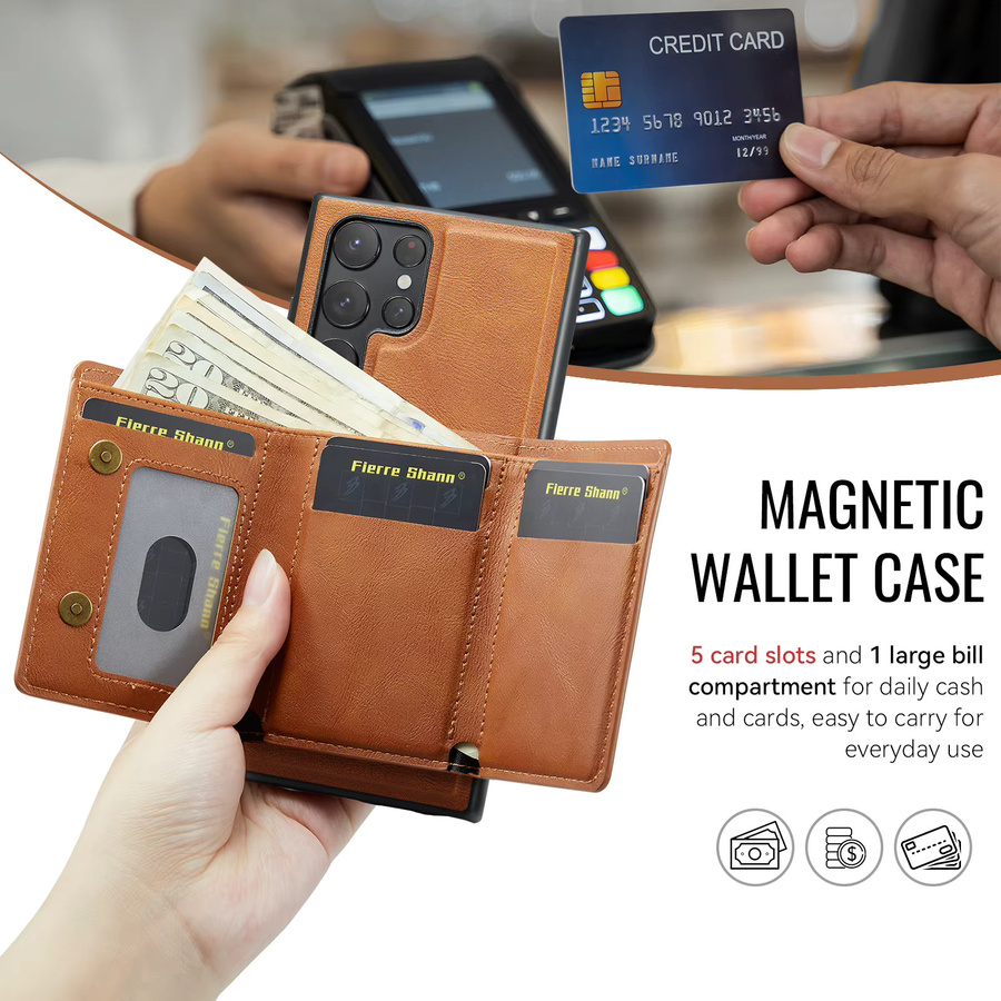 Magnetische Brieftasche Hülle für Samsung Galaxy S26 S25 S24 S23 Ultra Plus FE mit MagSafe Wireless Funktion, 5 Karten-Slots und Ständer, Farbe: Braun - Bild 2