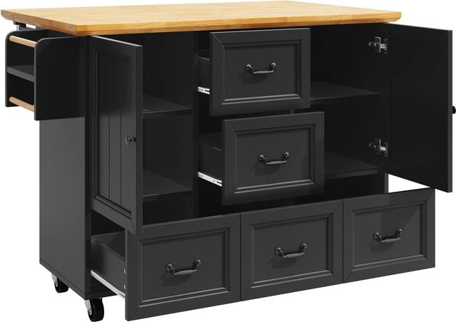 okwish Kücheninsel mit ausziehbarem Rollenwagen und Gewürzregal in Schwarz, B/T/H: 120 x 73 x 93 cm - Bild 1