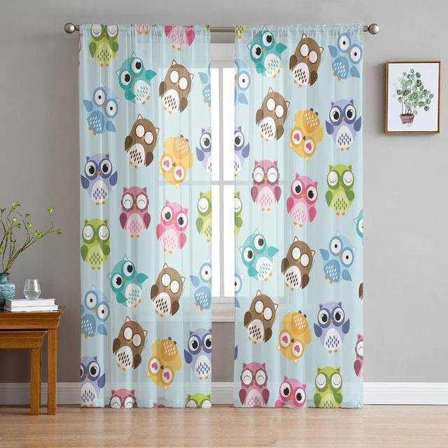 A Family Of Home Textiles Traumfänger-Eulenfeder-Fenstervorhang aus Tüll, transparenter Vorhang mit Cartoon-Motiv für Wohnzimmer und Schlafzimmer, B: 135 cm, H: 114 cm - Bild 1