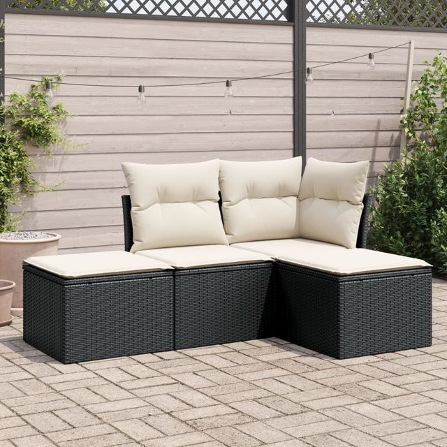 vidaXL 4-tlg Garten-Sitzgruppe in L-Form mit Polyrattan und Kissen, Schwarz - Bild 3