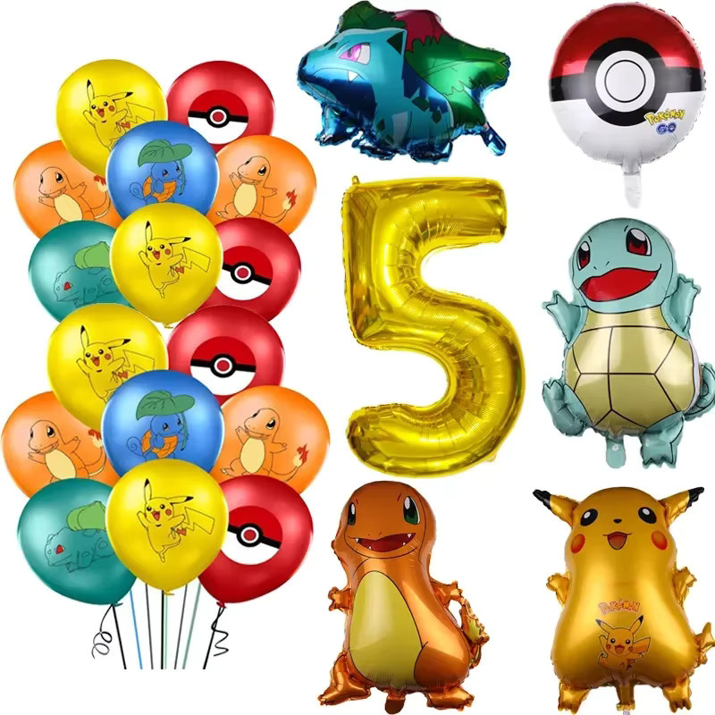26-teiliges Pokemon Luftballon Set von Potdemiel in Gold und Multicolour mit Pikachu und Zahlenballons für die Kinder Geburtstagsparty Dekoration - Bild 2