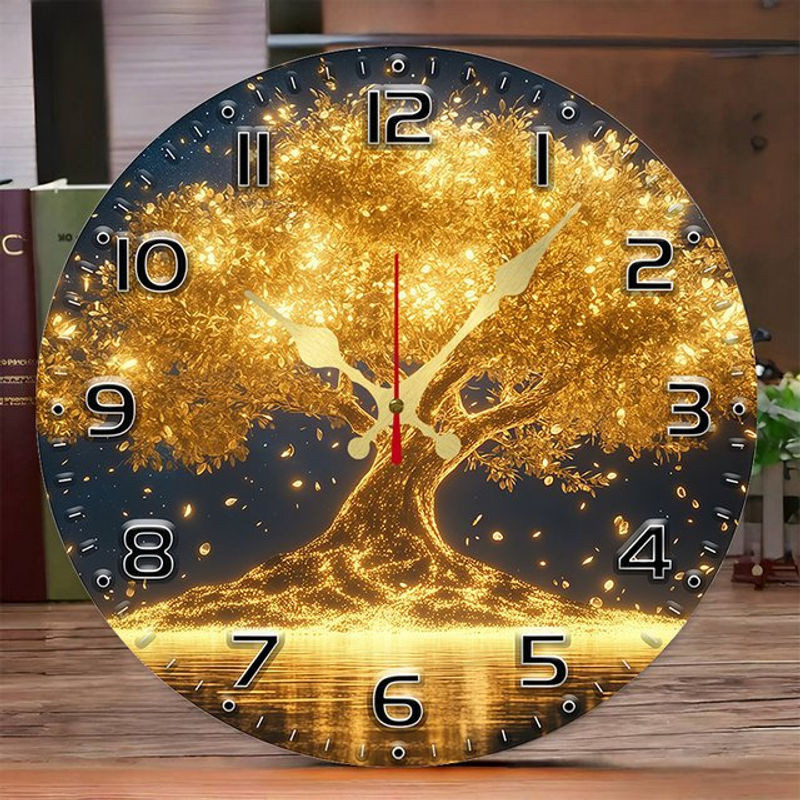 Golden Life Tree Wanduhr aus Holz, rund, analog, gold, geräuschlos, abstrakte Dekoration zum Aufhängen - Bild 1