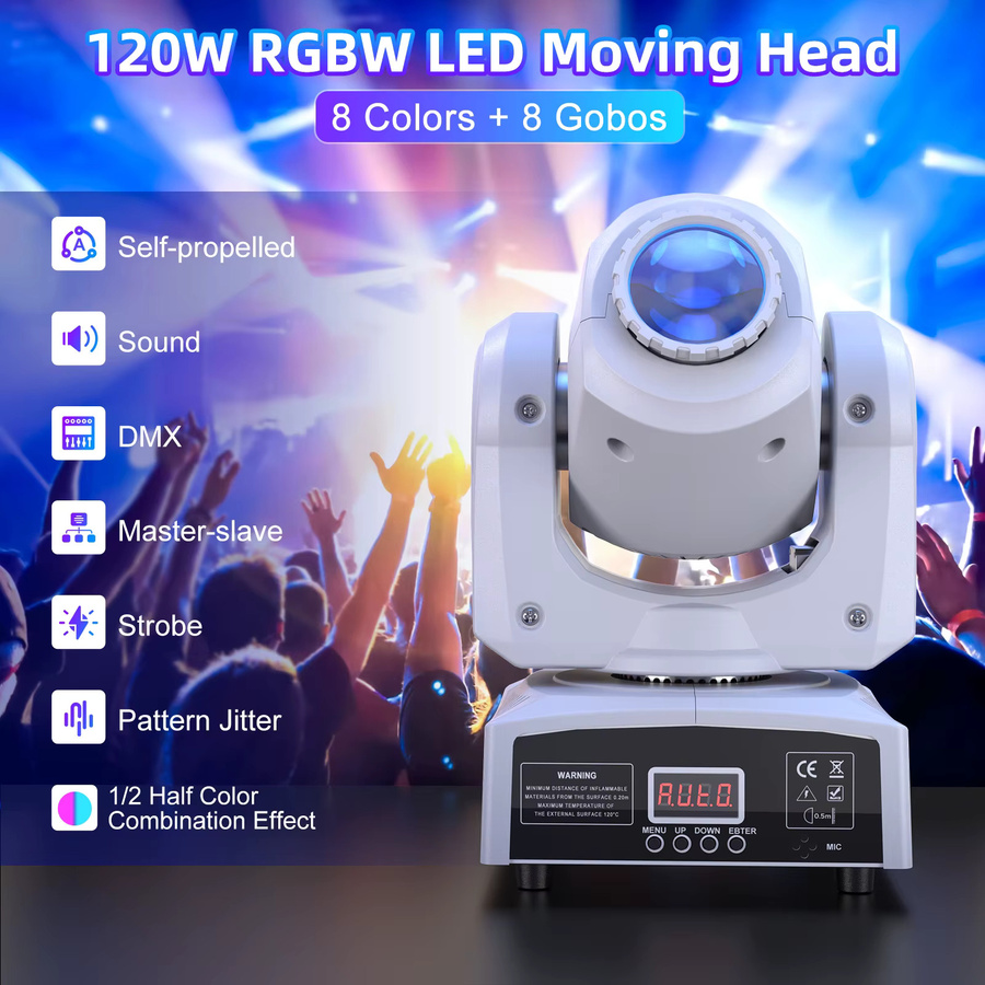 DayFlicker 2er Set RGBW LED Moving Head 120 W in Weiß mit 8 Farben und 8 Gobos sowie DMX512 und Sprachsteuerung - Bild 2