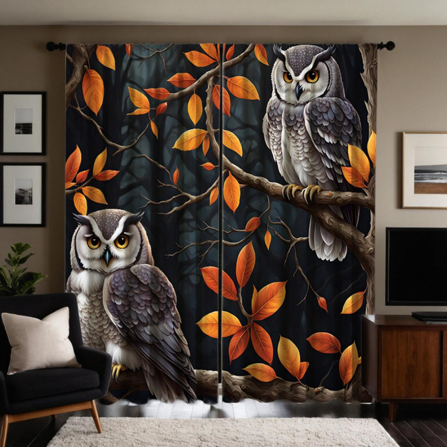 2er-Set dekorative Vorhänge mit Eulen- und Ahornbaum-Motiv, halbtransparent, schwarz und mehrfarbig, B: 132 cm, H: 160 cm - Bild 2