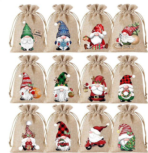 12-teiliges Set Weihnachts-Süßigkeitstüten aus Jute mit Zwerg-Dekoration in Mehrfarbig für Weihnachten und Neujahr - Bild 1