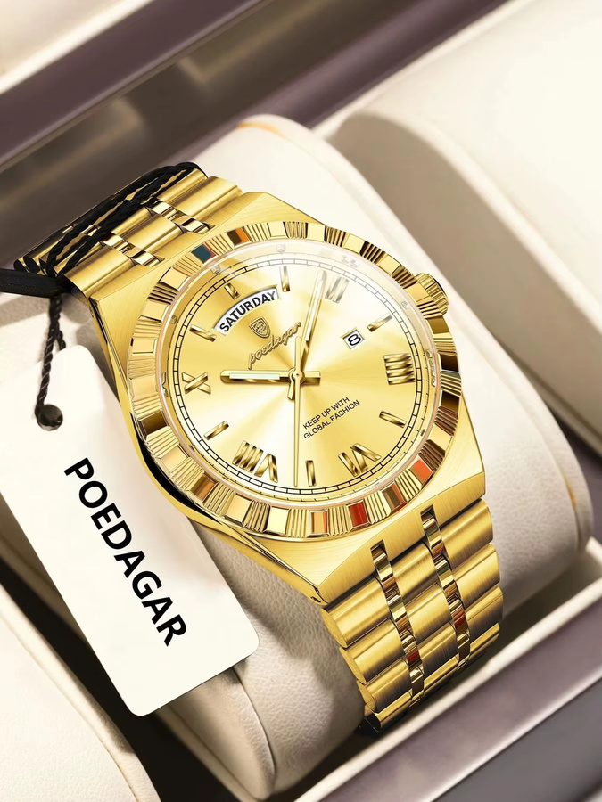 POEDAGAR Armbanduhr Quarz, Edelstahl, Gold, Silber, Herren - Bild 7