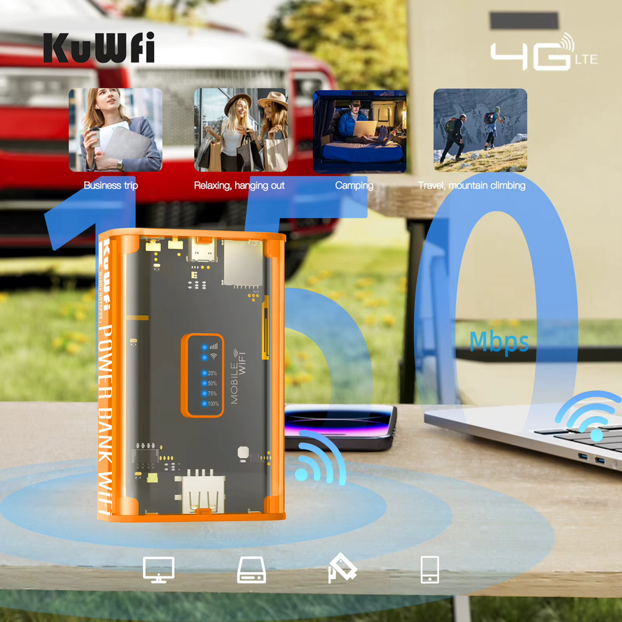 KuWFi 4G LTE Router Tragbarer Mini-Reise-Hotspot mit 5200mAh Akku und USB-Powerbank-Ausgang in Orange - Bild 3