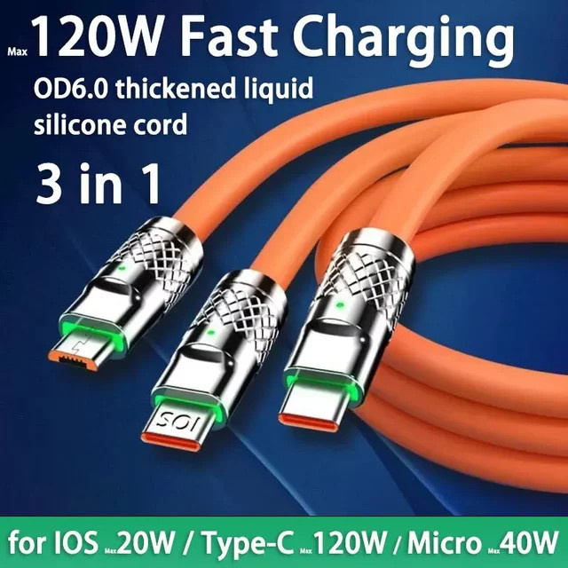 KADIXI 3 in 1 Schnellladekabel 120W 6A mit USB-C und Micro USB in Orange - Bild 1