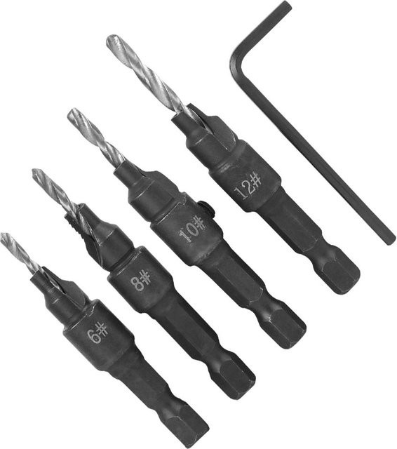 TOMTOP 4er Set Kohlenstoffstahl Bohrer Set 612# mit Sechskantschlüssel für Holzbearbeitung in Schwarz - Bild 1
