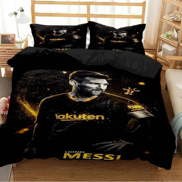 Gu Tao Messi Fußball-Superstar Bettwäsche-Set mit 3D-Druck, FC Barcelona Design, Schwarz, B/H: 140 x 210 cm - Bild 1