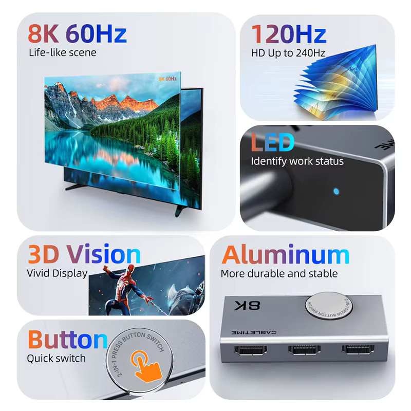 CABLETIME HDMI Splitter 2-in-1 Umschalter mit 8K 60Hz und 4K 120Hz Unterstützung sowie 3D Vision in Aluminium-Design als Adapter für Laptop und Macbook - Bild 2
