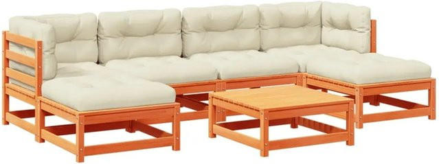 vidaXL 7-tlg. Garten-Sofagarnitur aus Kiefernholz in Wachsbraun mit Polsterkissen und Ottoman in L-Form - Bild 1