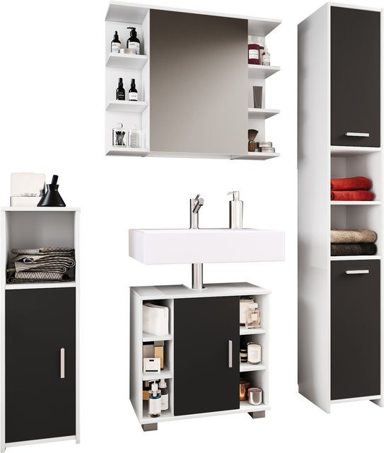 VCM Badmöbelset Zalo II in Weiß und Schwarz, 4-teiliges Badezimmer-Set bestehend aus Unterschrank, Midischrank, Hochschrank und Spiegelschrank, B/H/T: 140 x 180 x 30 cm - Bild 1