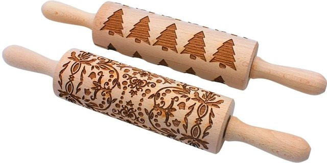 2er Set Holz Teigroller mit 2 Motiven von Dekohelden24, Spekulatiuswalzen für Plätzchen und Kekse, Braun, L/B/H: 37 x 6 x 6 cm - Bild 1