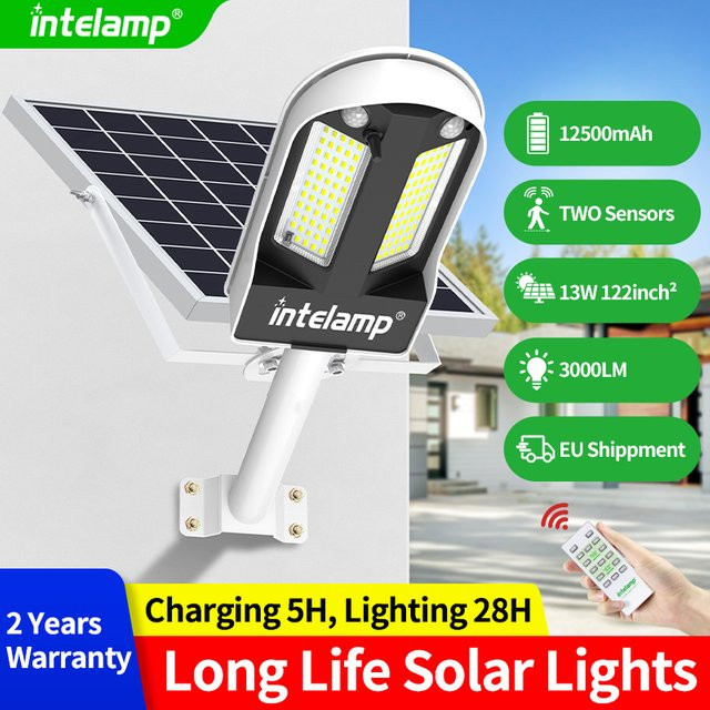 intelamp Solar-Straßenlaterne für den Außenbereich mit 12500 mAh Akku, Weiß, mit Motion-Sensor und Dämmerungssensor für Garten, Einfahrten und Parkplätze - Bild 1