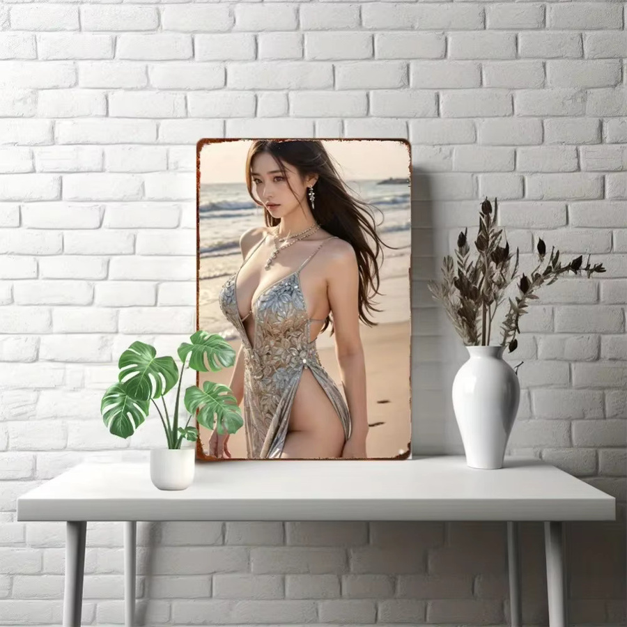 HELLOYOUNG Anime Girl Metall-Wandkunst Retro Stranddekoration mit Blumenmuster, B/H: 20,3 x 30,5 cm, Mehrfarbig - Bild 2