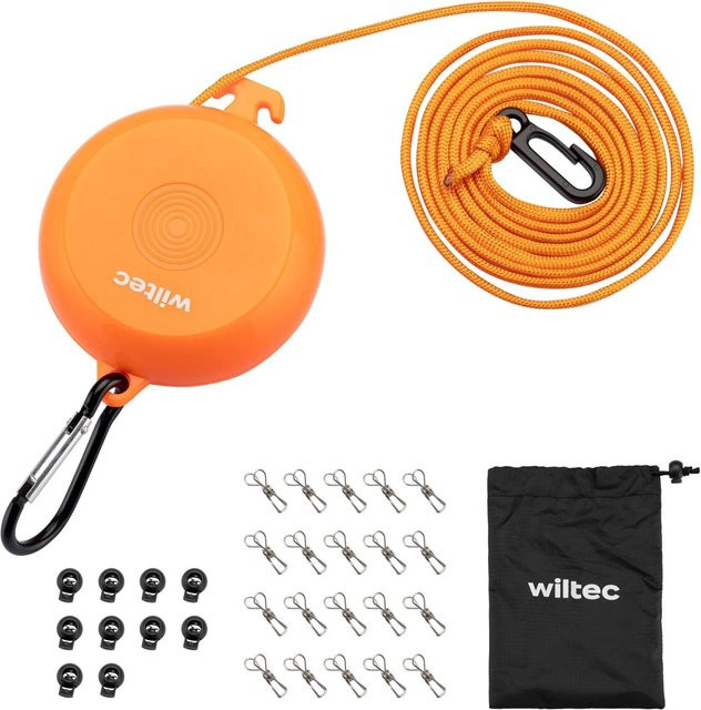 Wiltec Ausziehbare Wäscheleine für Camping und Reisen in Orange, 8 m Länge - Bild 1