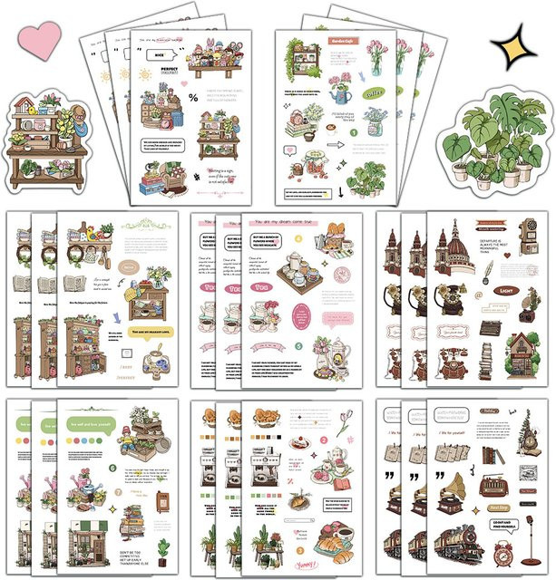 8 Stück Gooka Garten Coffee Shop Aufkleber, handgezeichnete Motiv-Sticker in Multicolour für Notebook und Handyhülle - Bild 1
