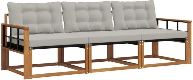 vidaXL Outdoor-Sofagarnitur 3-teilig aus Akazienholz mit Textilene und Kissen in Natur und Hellgrau - Bild 1