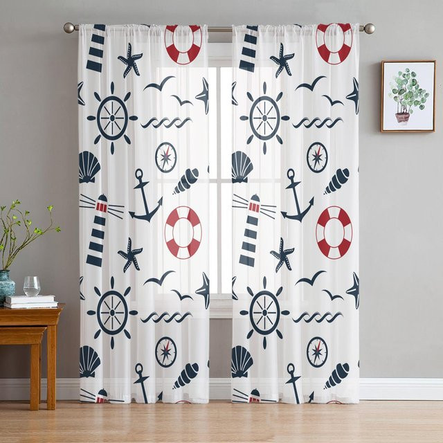 Transparente Tüll-Voile-Vorhänge mit Ozean-Motiv in Weiß, Breite: 135 cm, Höhe: 115 cm - Bild 1