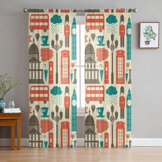 Super Six Chiffon Vorhang mit London Symbolen und Wahrzeichen in Braun und Multicolour, B: 135 cm, H: 114 cm - Bild 1