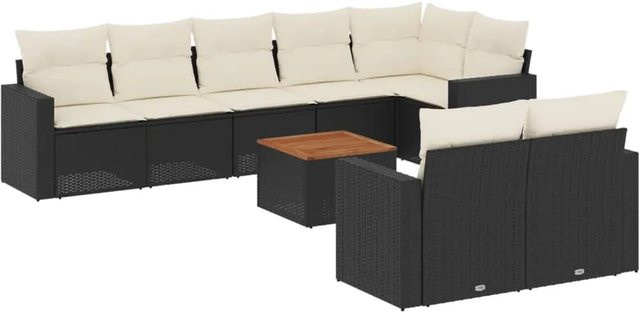 vidaXL 9-teilige Garten-Sofagarnitur aus Poly-Rattan und Akazienholz in Schwarz mit Kissen - Bild 1