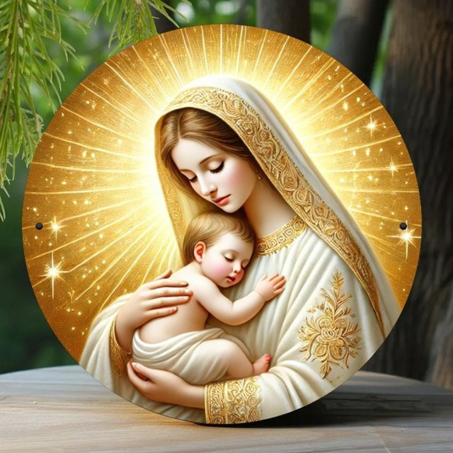 Potdemiel Vintage Wandkunst aus Metall: Rundes Jungfrau Maria Schild mit goldenem Halo und Jesus-Design, Farbe Gold - Bild 1