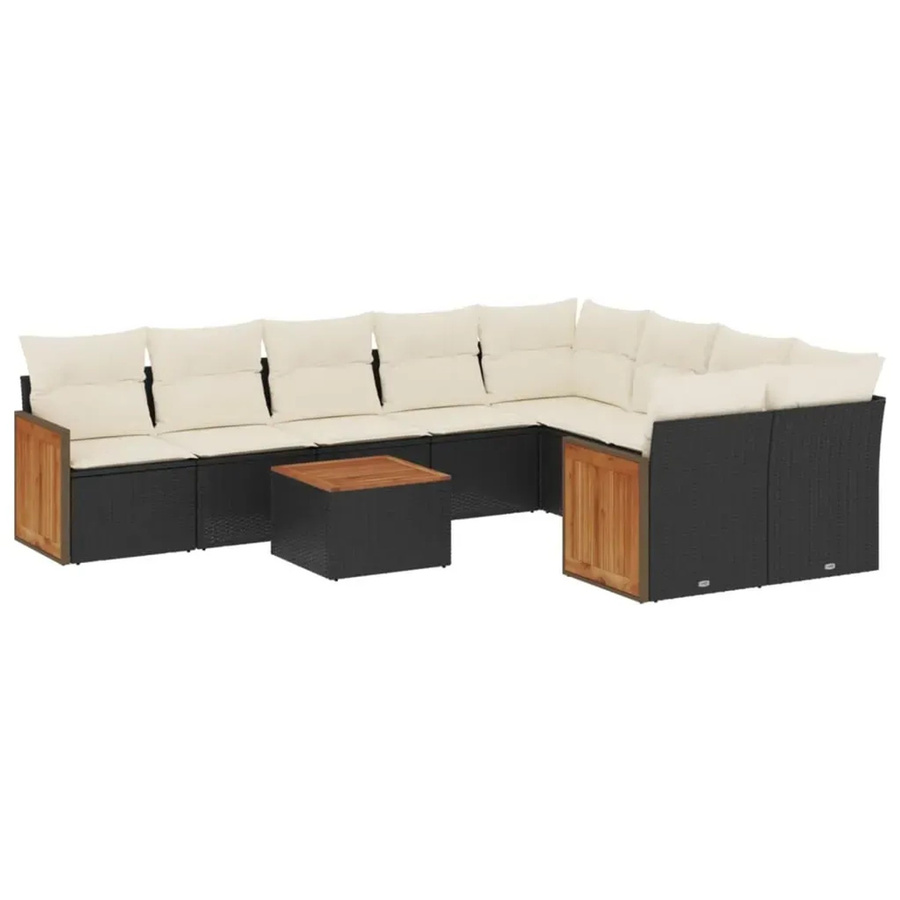 vidaXL 10-tlg. Garten-Sofagarnitur aus Poly-Rattan und Akazienholz in Schwarz mit Kissen - Bild 2
