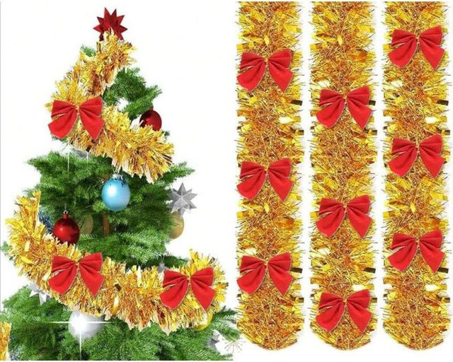 Yiran Furniture Weihnachts-Lametta-Bänder mit Schleifen in Grün und Gold, 2 m Girlande als Weihnachtsbaumschmuck für Heim, Hotel und Party - Bild 1