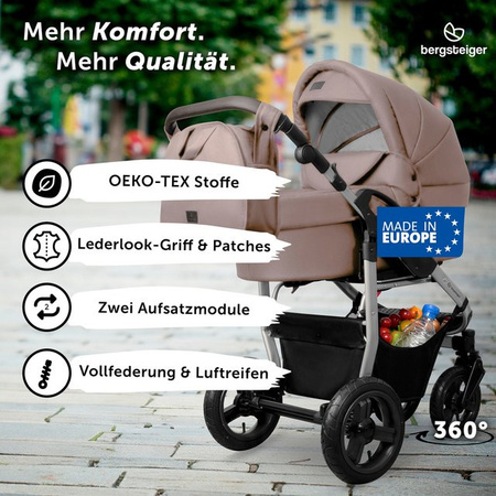 Bergsteiger Kinderwagen Capri Kombikinderwagen in Braun mit Sportsitz, Babywanne, Wickeltasche und Regenschutz