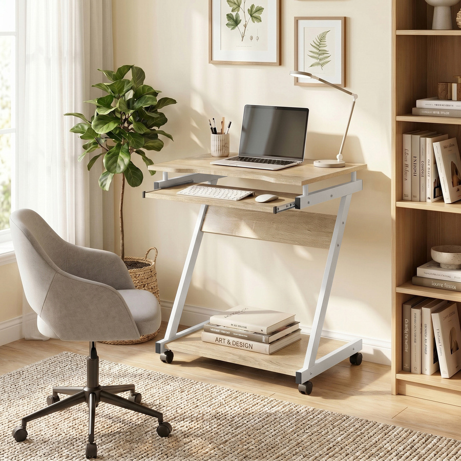 HOMCOM Büroschreibtisch mit Tastaturablage und offenem Regal in Rovere, platzsparender Computertisch mit 4 Rollen, B: 60 cm, T: 48 cm - Bild 2