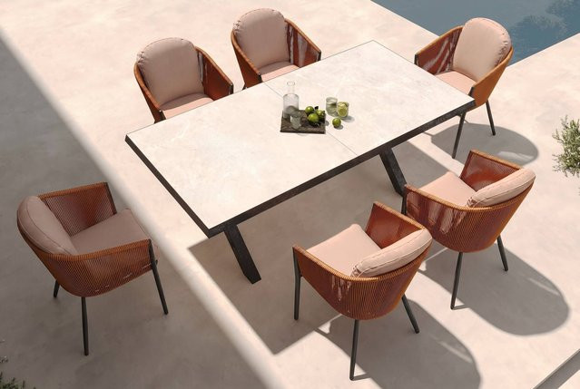 OUTFLEXX Tavio Garten-Essgruppe aus Aluminium und Rope-Geflecht in Schwarz und Orange mit ausziehbarem Tisch und 6 Diningsesseln - Bild 1