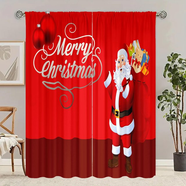 2er-Set weihnachtlich bedruckte Vorhänge aus Polyester in Rot, semi-transparent mit Ösen - Bild 1