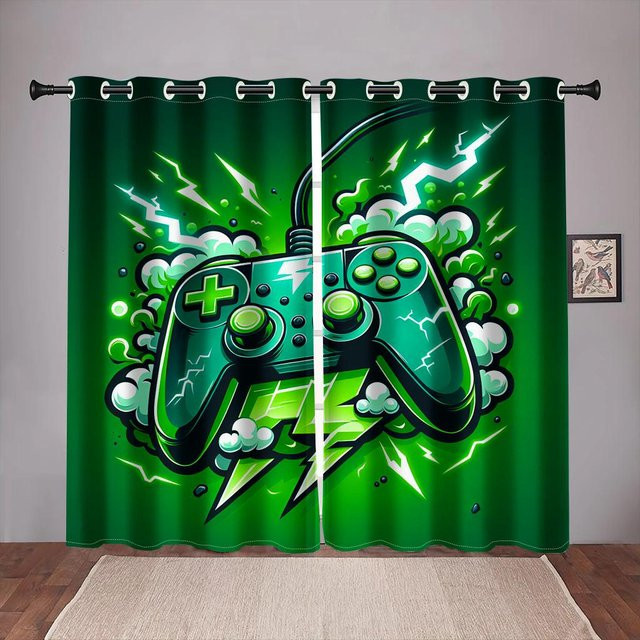 2er-Set Cartoon-Gaming-Fenstervorhänge für Gamer und Kinder, Grün, B/H: 60 x 60 cm - Bild 1