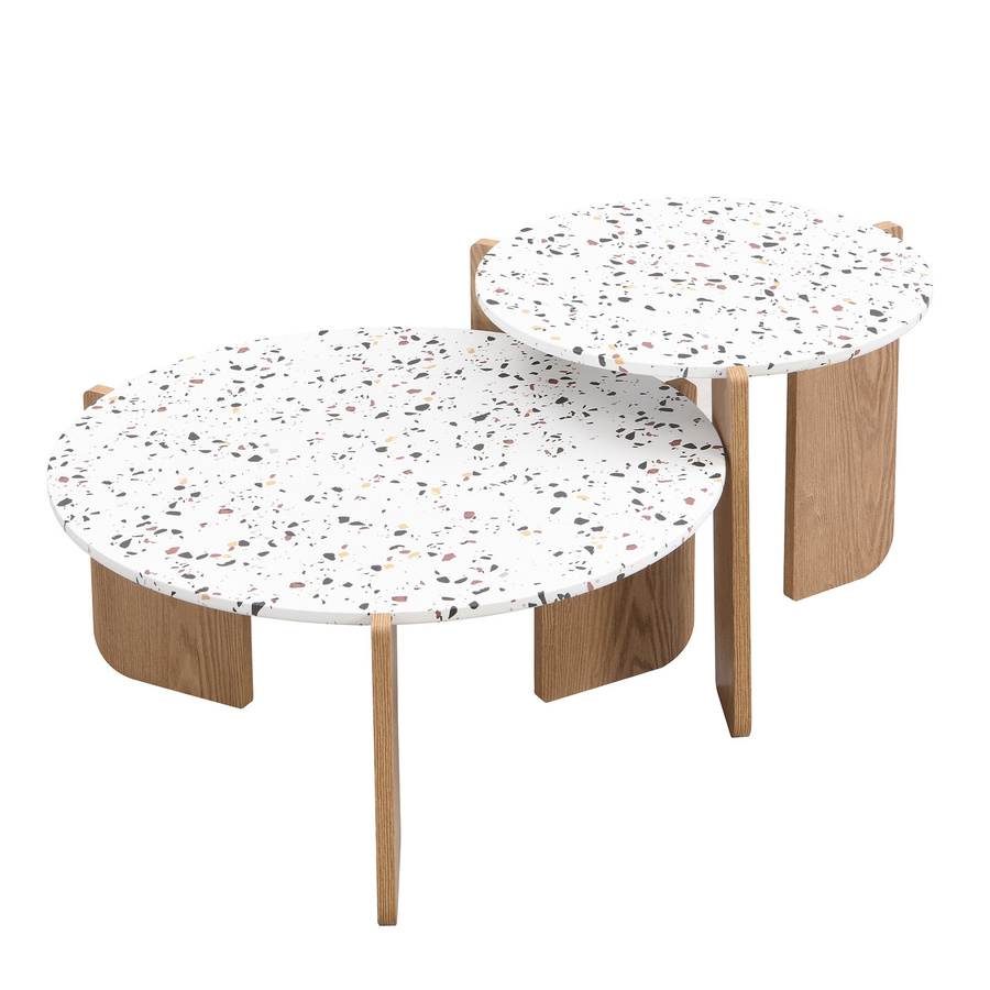 Modernes Couchtisch-Set aus 2 ineinander verschachtelten runden Tischen in Weiß und Holzoptik von GL Store - Bild 2
