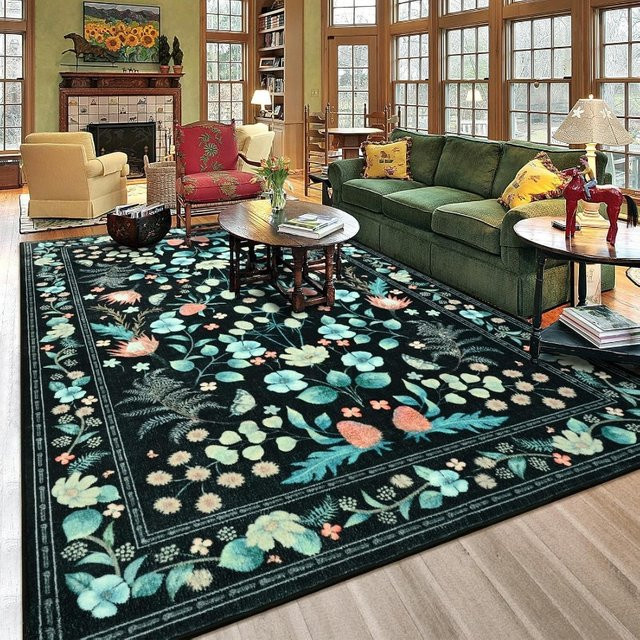 Rutschfester Vintage-Teppich mit Blumenmuster in Lila und Blau für Wohnzimmer, Schlafzimmer und Küche - Bild 1