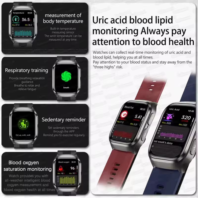 GUHUAVMI Gesundheits-Smartwatch mit Blutdruckmessung, Harnsäure- und Blutfettmessung, wasserdicht, für Herren und Damen in Schwarz und Rot - Bild 5