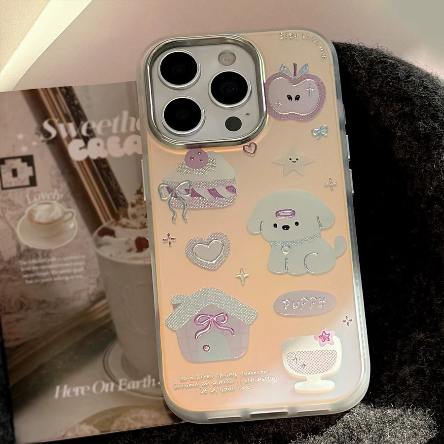 MUQGEW Stoßfeste iPhone Schutzhülle mit Cartoon Dessert Welpen Design und Gold-Laser-Überzug, Multicolor - Bild 4