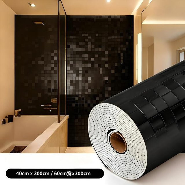 Selbstklebende 3D Mosaik Tapete Lucky Black Cat in Schwarz, wasserdichte und reflektierende Vinyl Wandgestaltung für das Badezimmer, Breite: 40 cm, Länge: 3 m - Bild 1