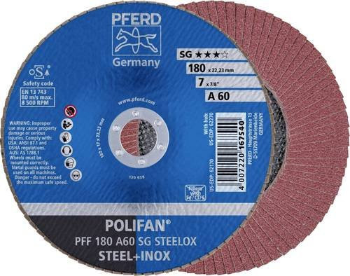 PFERD POLIFAN SG STEELOX Fächerschleifscheibe für Stahl und Edelstahl, Körnung 60, Durchmesser: 180 mm, Bohrungs-Ø: 22,23 mm - Bild 1