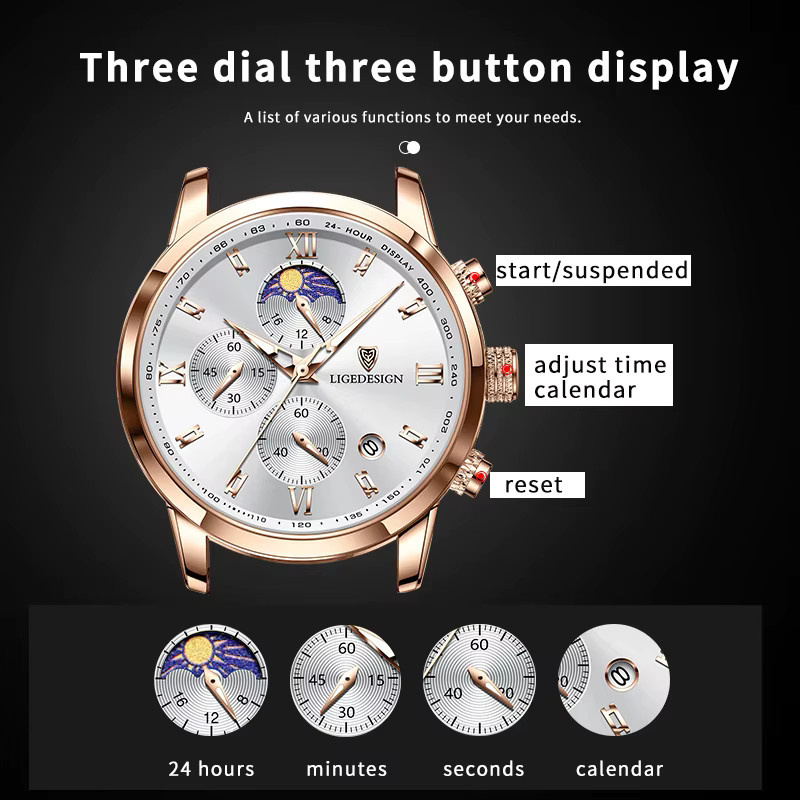 LIGE Chronograph Armbanduhr, Quarz, Edelstahl, Herren - Bild 4