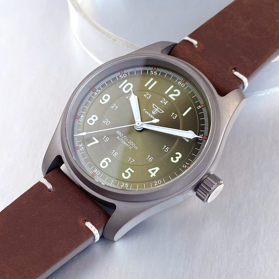 Tandorio Automatikuhr, Titan, 39 mm, Grün, Leder, Herren - Bild 3