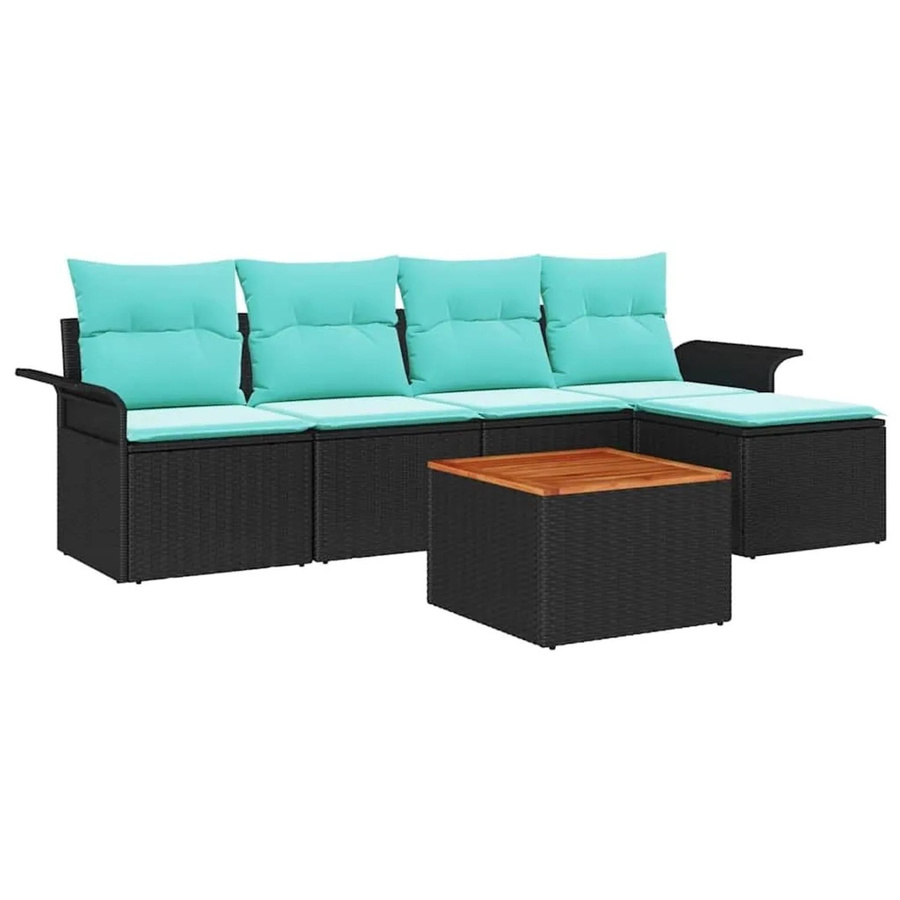 vidaXL Gartensofa-Set aus Poly-Rattan in Schwarz und Türkis mit 6 Teilen, inklusive Polster und Couchtisch für Garten und Terrasse - Bild 2