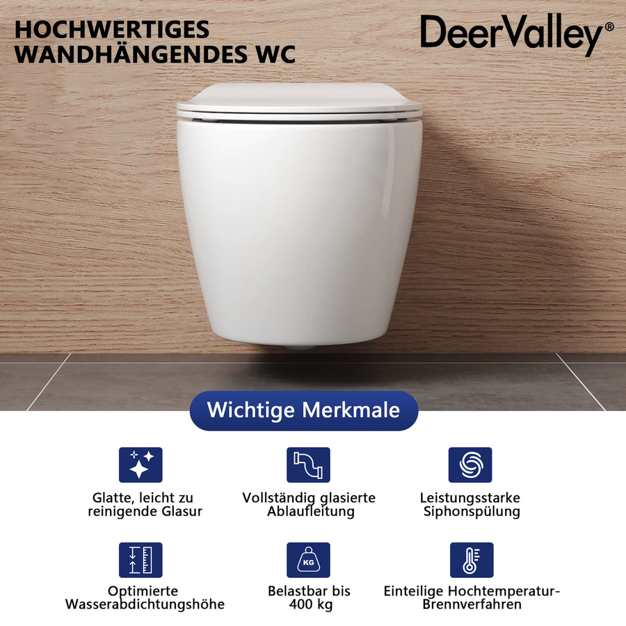 DeerValley Randlose Hängetoilette aus Keramik mit 360 Grad Drehfunktion und Soft-Close Sitz in Weiß, Länge: 53 cm - Bild 2