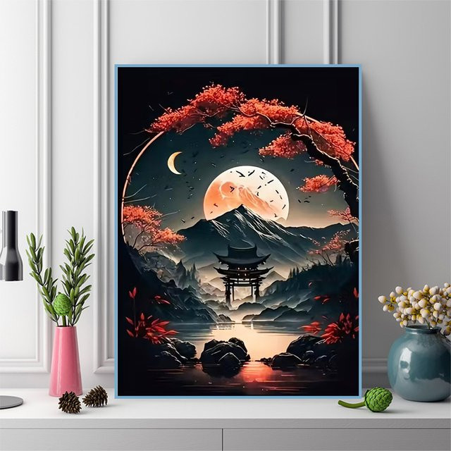 NUOYING Diamantmalerei Berg-Diamant-Mosaik Landschaft mit Mond und Fluss als Wanddekoration in Full Round Ausführung - Bild 1