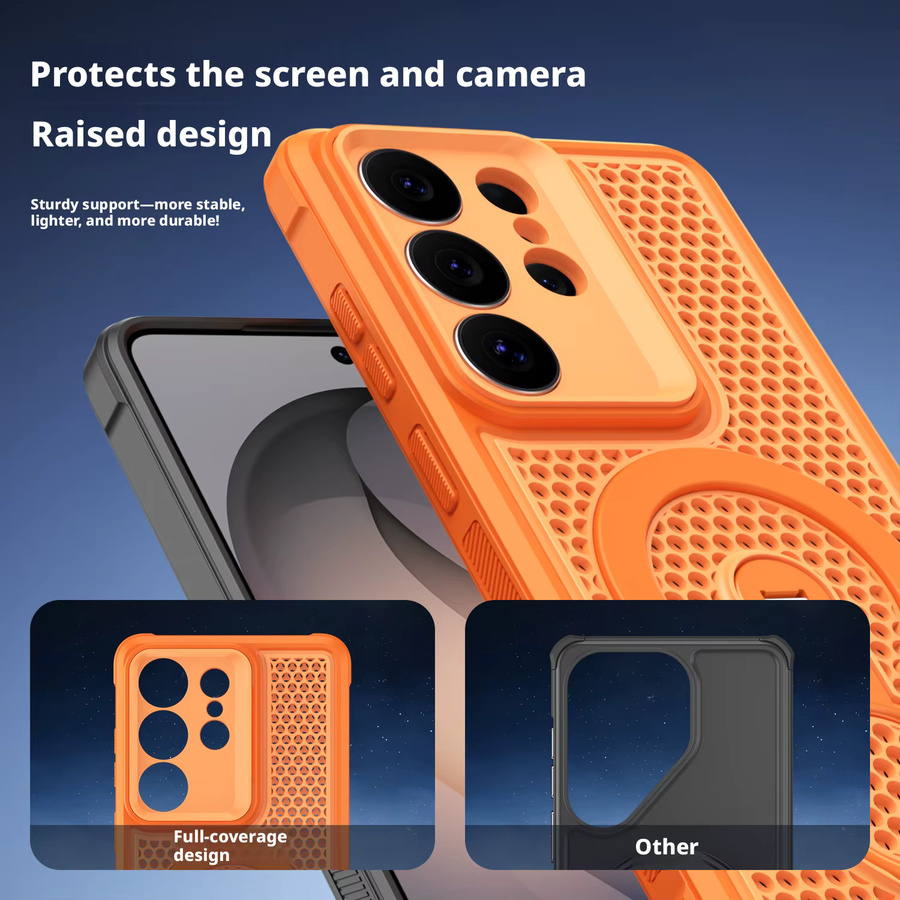 Magnetische 360 Grad Handyhülle mit Stützhalterung und kühlender Wärmeableitung für Samsung Galaxy S25 Ultra, S26 Ultra, S24 Plus und S23 FE in Schwarz oder Orange - Bild 4