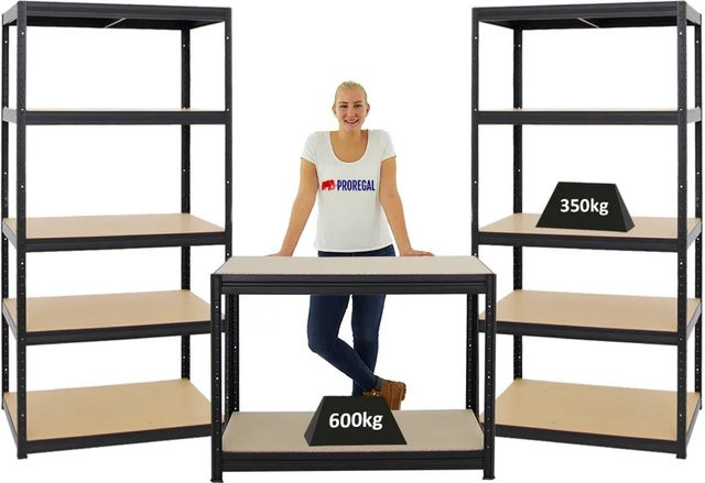 PROREGAL Set aus 2x Schwerlastregal Slim Elephant und 1x Höhenverstellbarer Werkbank Slim Dino in Schwarz, H: 180 cm, B: 90 cm, T: 60 cm & H: 90 cm, B: 120 cm, T: 60 cm - Bild 1